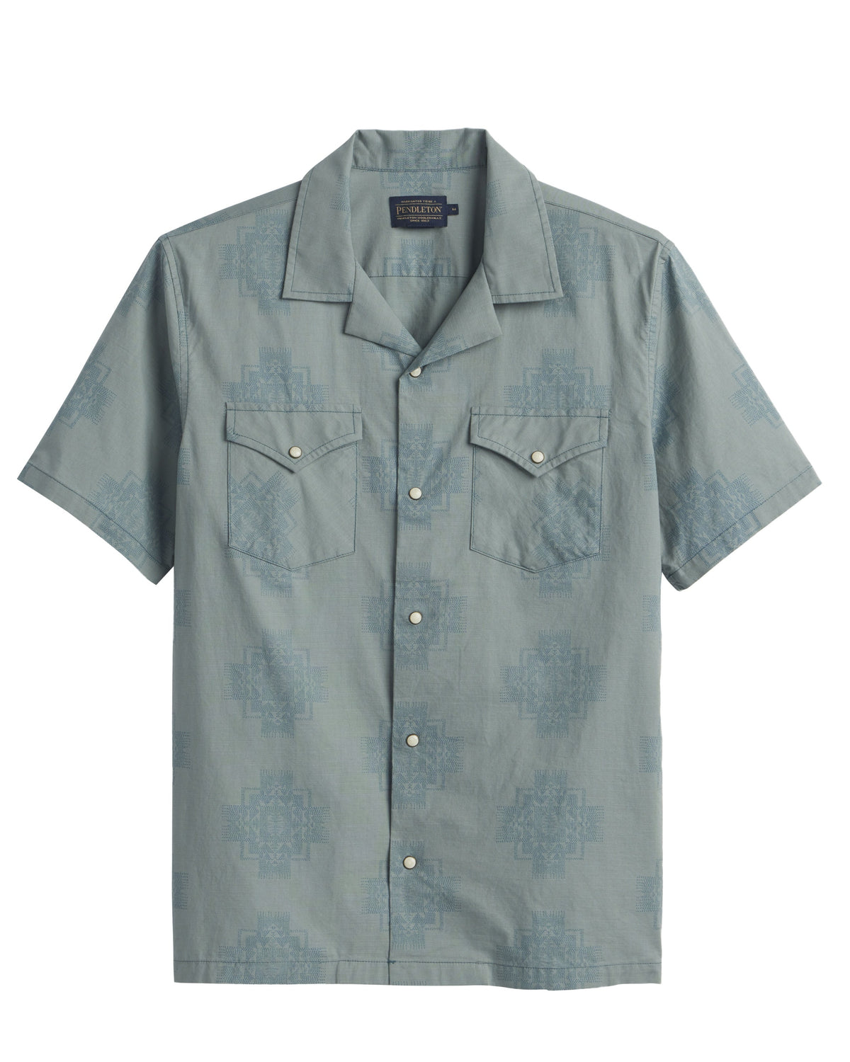 Pendleton Mens Western Aloha Shirt in Chief Joseph Green a snap up front in a short sleeve shirt at boltranchstore.com