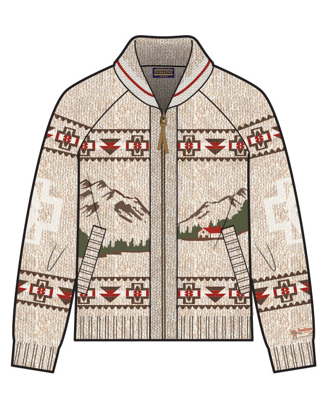 Pendleton Womens Alpine Lambswool Zip-Up Cardigan a western cardigan featuring a mountain cabin perfect to keep cozy on a cool day