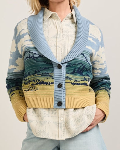 Pendleton Womens Big Sky Cotton Cardigan featuring the three button cardigan light blue collar with a big sky mountain print a foodnanny favorite perfect for layering order at boltranchstore.com