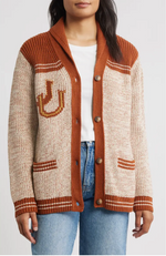 Pendleton Womens Heritage Cardigan at boltranchstore.com free shipping womens western in stock Person wearing a brown and beige cardigan with a patterned design 