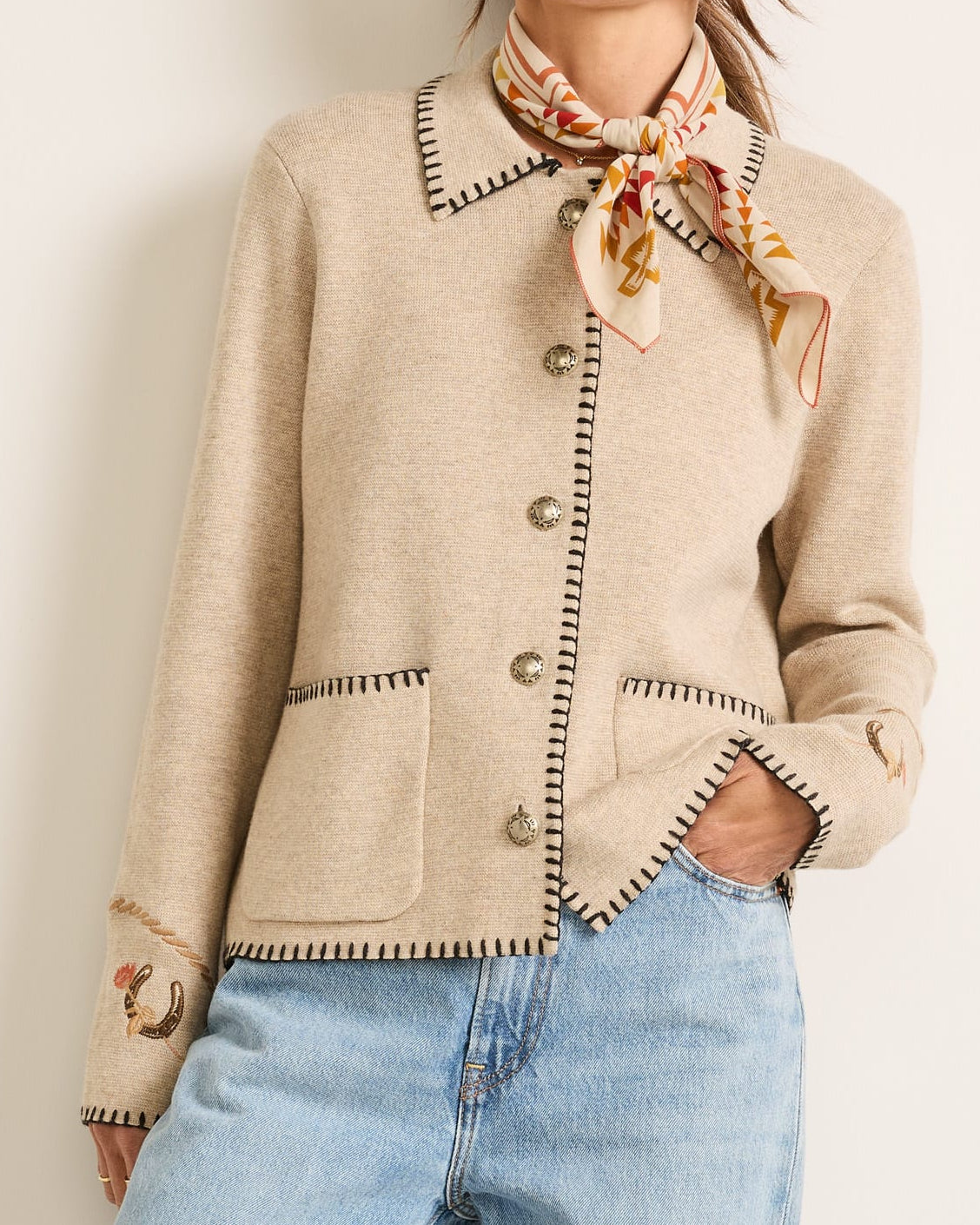 Pendleton Womens Western Souvenir Cardigan a full button up cardigan in a natural color with horse and western print at boltranchstore.com
