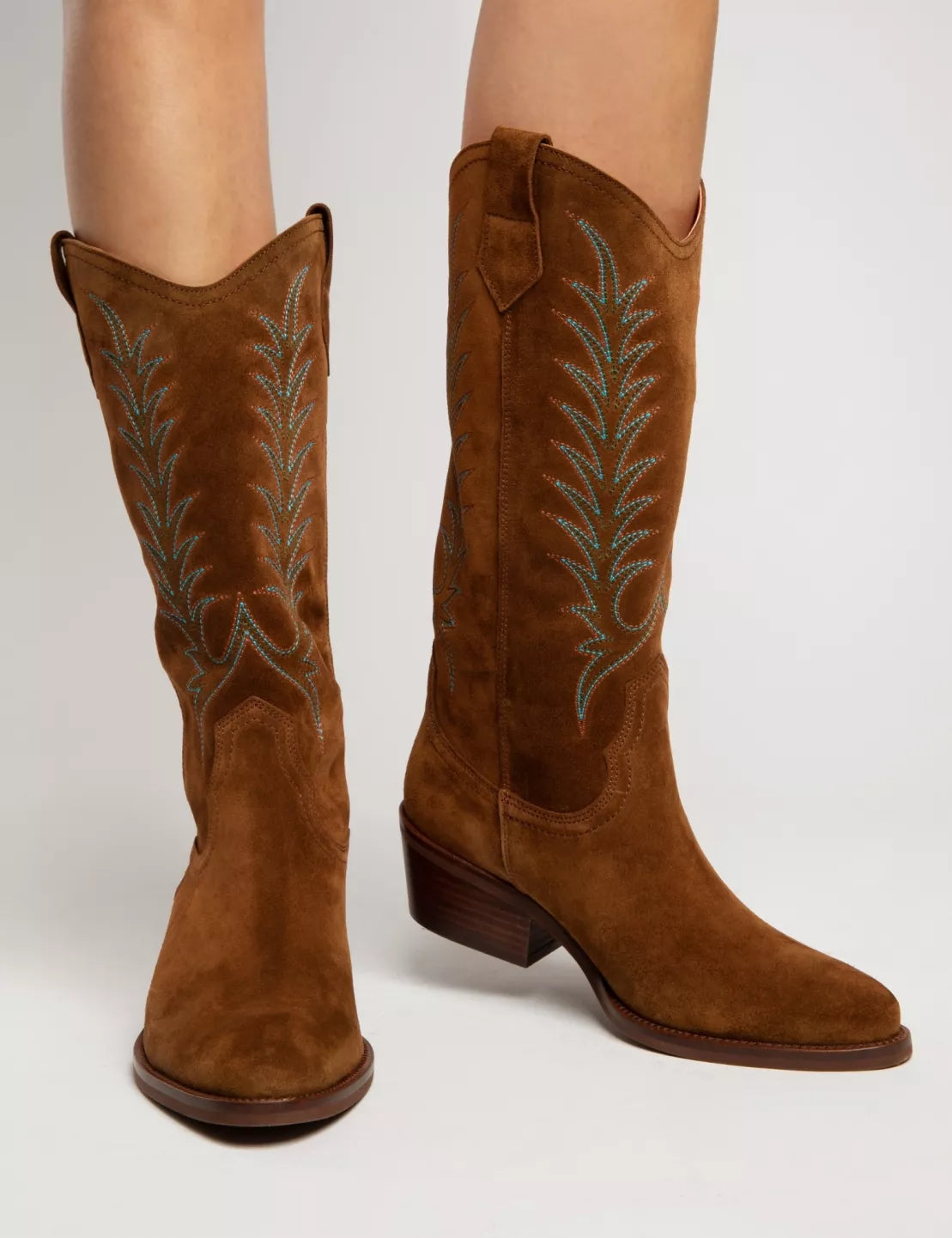Penelope Chilvers Goldie Embroidered Cowboy Boot Brown suede cowboy boots with intricate detailing at boltranchstore.com