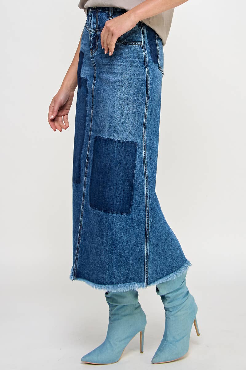Penny High Rise Flared Patchwork Maxi Skirt side
