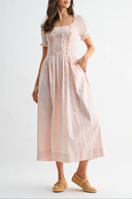 pink striped dress with smocked top and ruffle daisy floral squareneck camellia boltranchstore.com free shipping womens dress summer dress light pink dress 