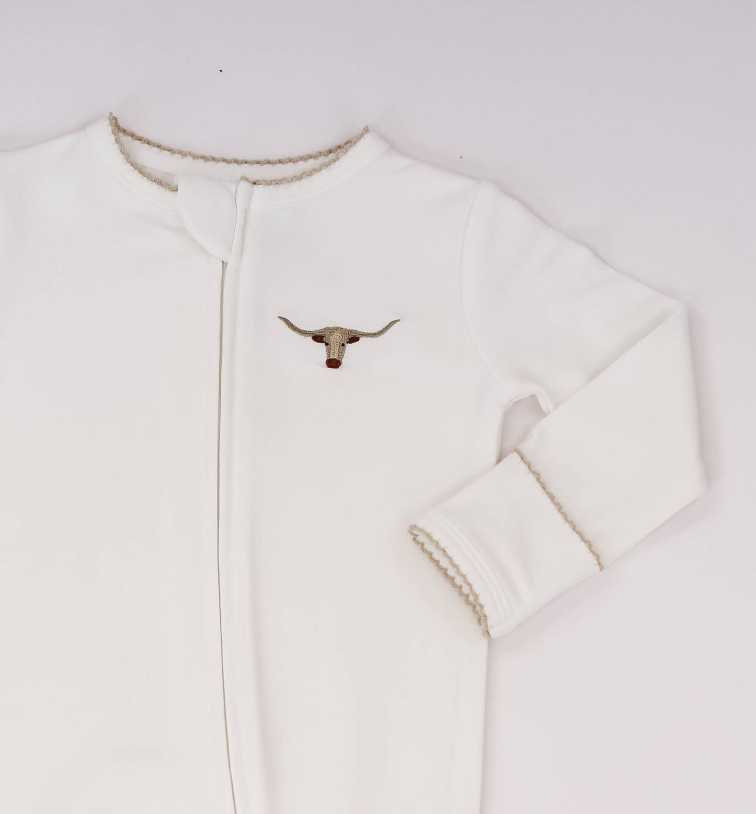 Pip Embroidered Zip Romper Longhorns shop at boltranchstore.com cute baby clothes