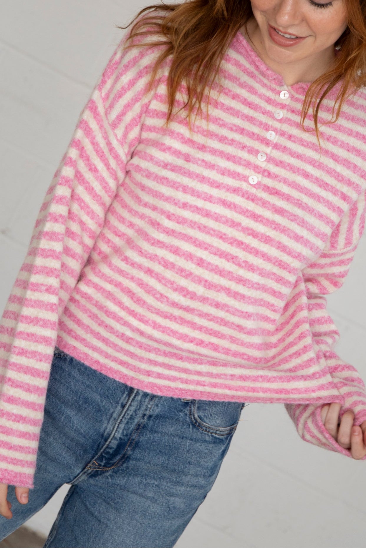 Piper Henley Pullover buy at Boltranchstore.com western boutique Free Shipping pink striped button shirt long sleeve