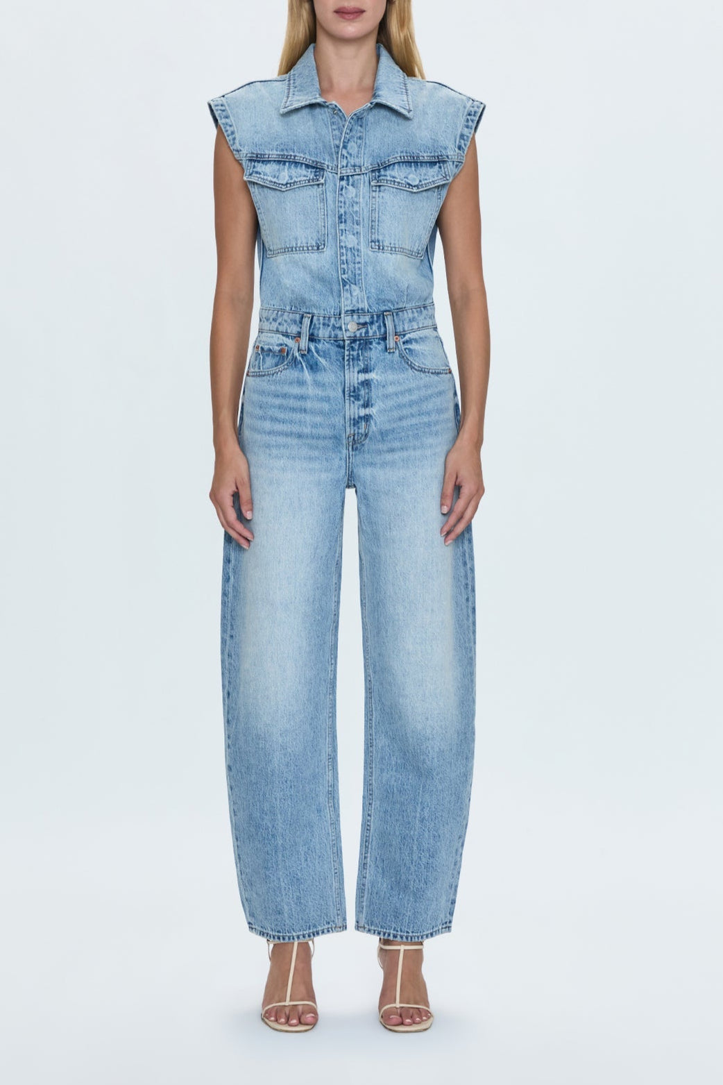 Pistola Ace Sleeveless Barrel Leg Jumpsuit in Rally wash womens denim jumpsuit at bolt ranch store buy now
