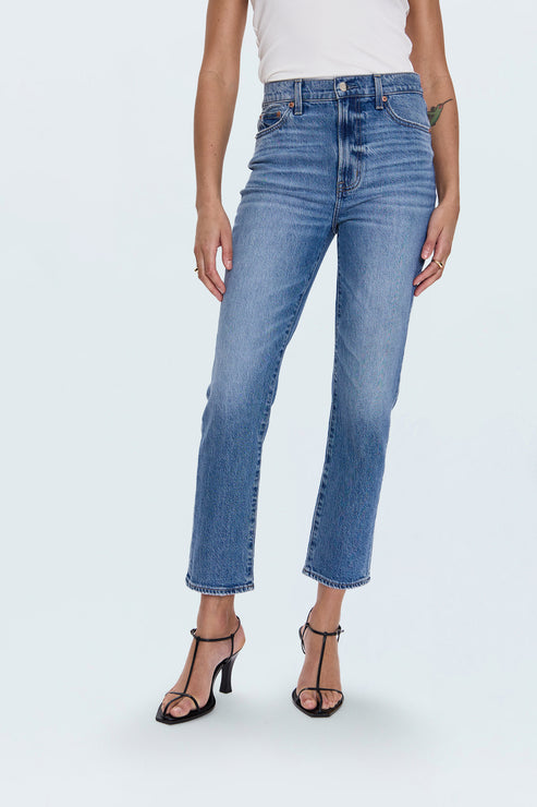 Pistola Bri High Rise Slim Straight Jean a high rise slim straight leg in a medium wash at boltranchstore.com