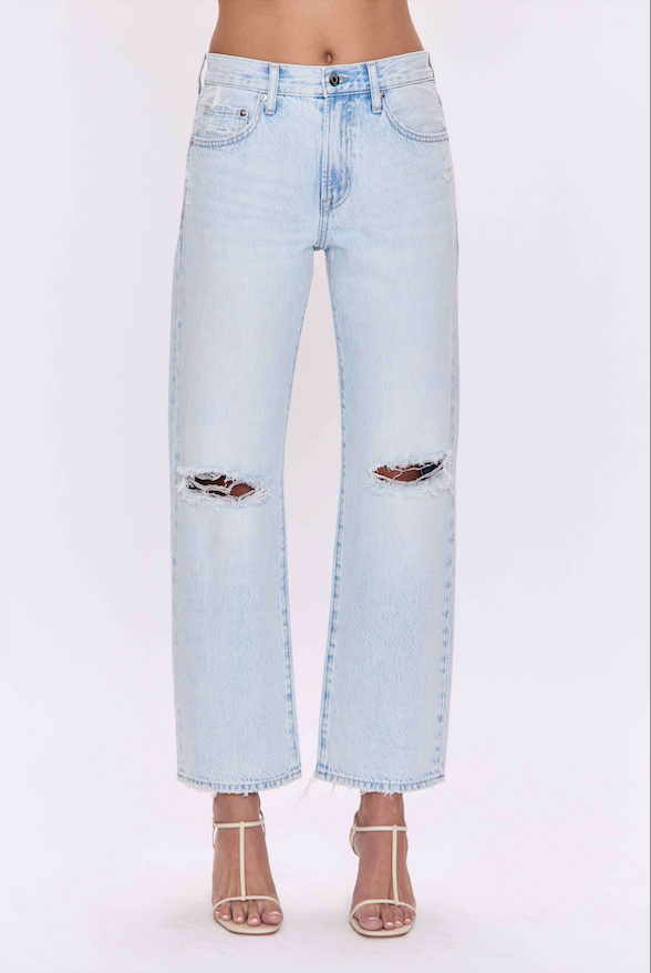 Pistola Lexi Mid Rise Bowed Straight in Solstice Distressed womens denim jeans popular viral pants boltranchstore.com light denim