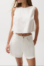 Pistola Rue Crop Swing Shirt a white tank top with an open back crop top and rough cut on the bottom hem at boltranchstore.com