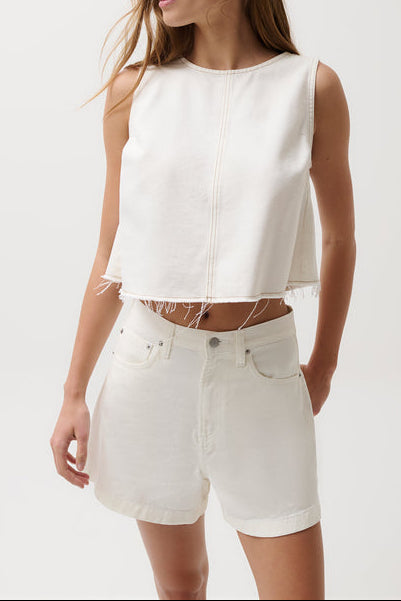 Pistola Rue Crop Swing Shirt a white tank top with an open back crop top and rough cut on the bottom hem at boltranchstore.com