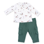 A two-piece baby outfit set featuring a white long-sleeve henley top with a dog and bird print, paired with dark green cargo pants, laid flat on a white background.Pointer Pups and Duck Buddies Polo with Cargo Pant shop today at boltranchstore.com