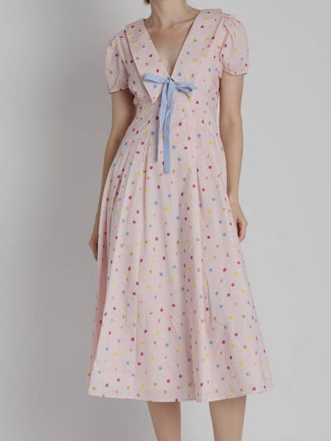 Polly Polka Dot Collared Midi Dress with a collar and bow tie front with multi color polka dots on a pink dress a fun in the sun birthday dress at boltranchstore.Com free shipping summer dress