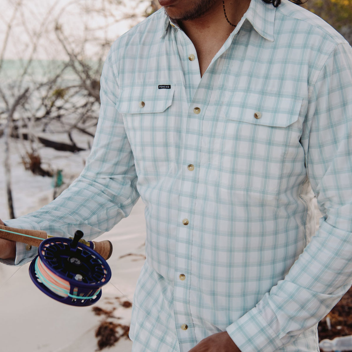Poncho Mens 12 Weight Shirt a button up with gray and dusty green plaid with two button down pockets at boltranchstore.com