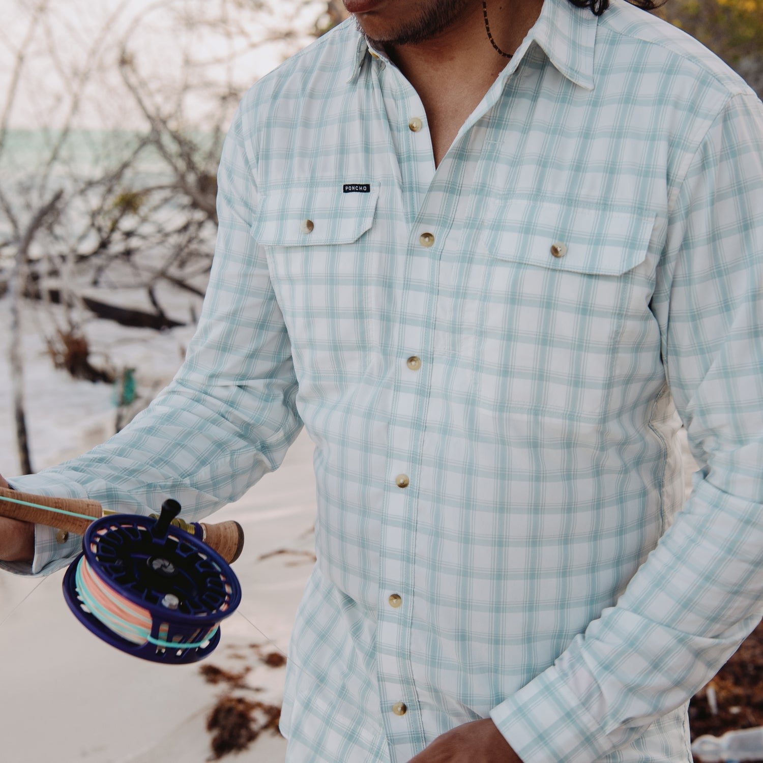 Poncho Mens 12 Weight Shirt a button up with gray and dusty green plaid with two button down pockets at boltranchstore.com