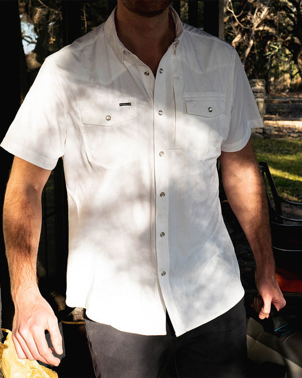 Poncho Mens Del Rio Shirt a short sleeve snap up white shirt at boltranchstore.com 