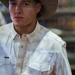 Poncho Mens Kalispell Shirt a long sleeve snap up plaid shirt in gray blue and cream with two snap down front pockets and snap cuffs at boltranchstore.com