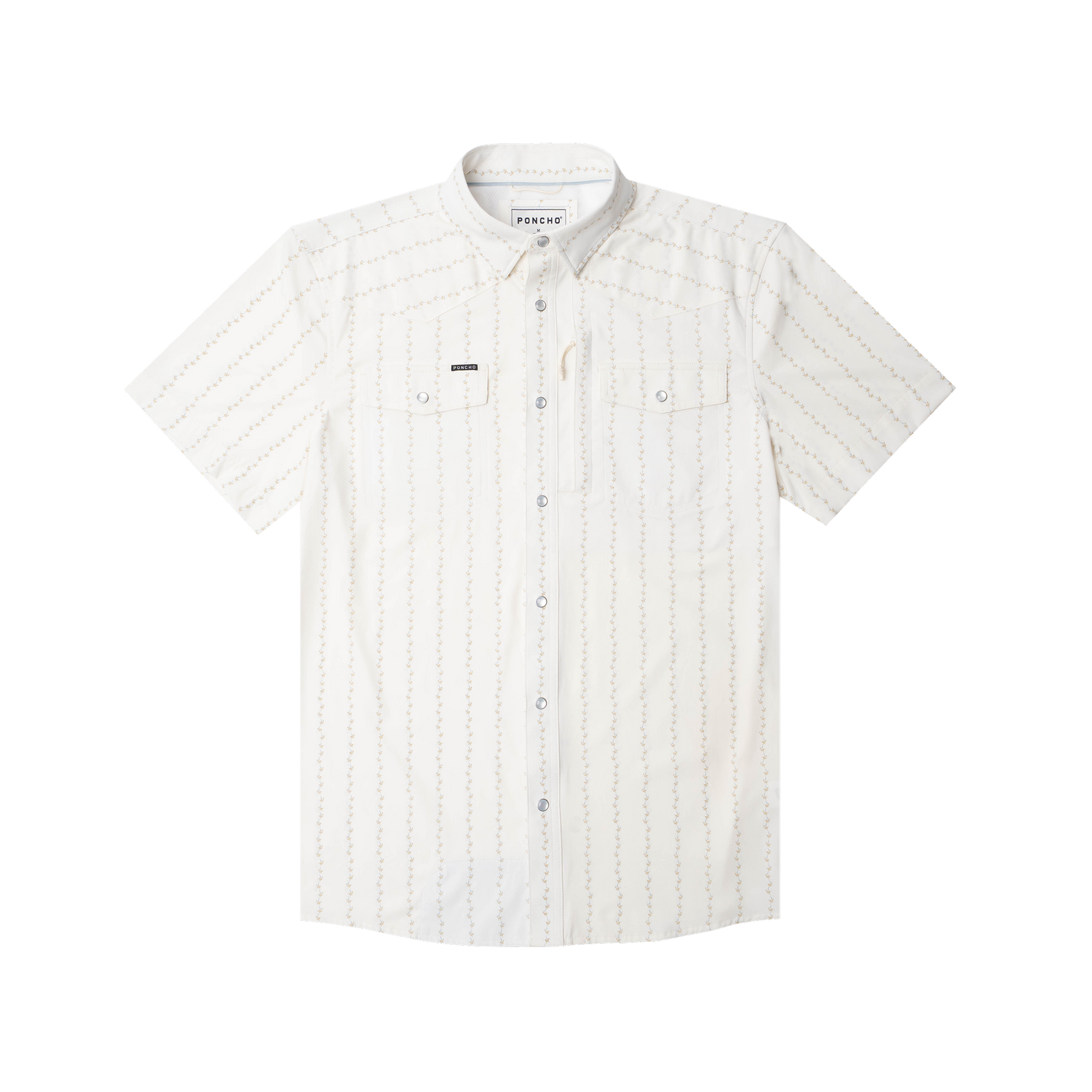 Poncho Mens The 1836 Shirt a snap up front shirt two snap down pockets in a white blue bonnet stripe short sleeve at boltranchstore.com