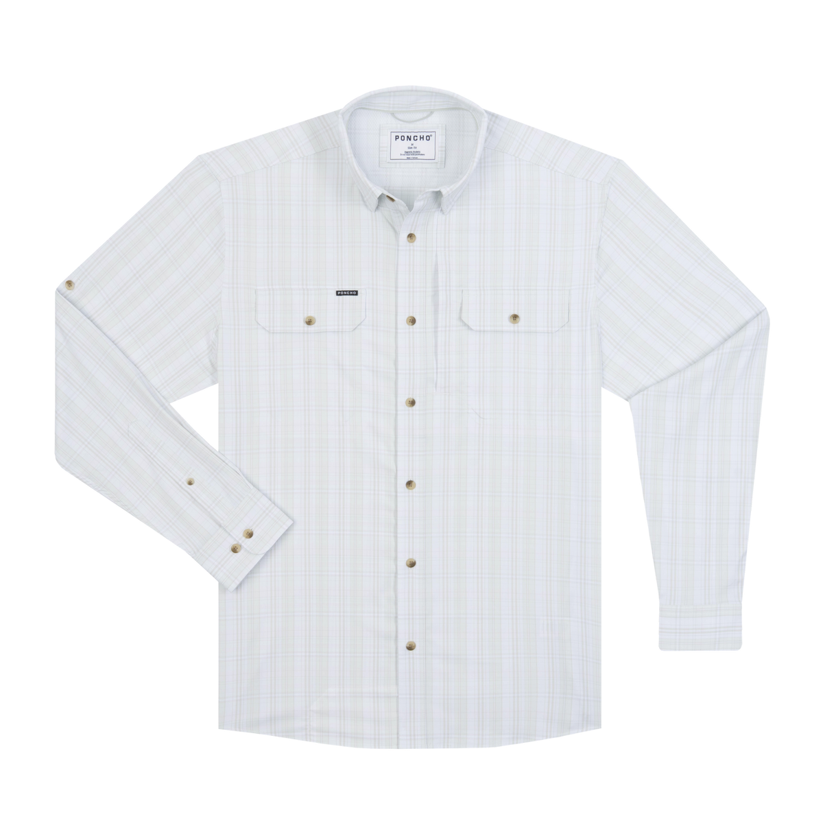 A white long-sleeve button-up shirt with a subtle light green and white windowpane plaid pattern, featuring two buttoned chest pockets and a pointed collar buttoned down Poncho Mens The Dunes Shirt