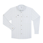 A white long-sleeve button-up shirt with a subtle light green and white windowpane plaid pattern, featuring two buttoned chest pockets and a pointed collar buttoned down Poncho Mens The Dunes Shirt