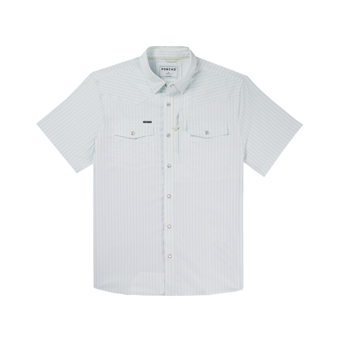 Poncho Mens The Get In Line Shirt in baby blue vertical stripe in a snap up shirt with short sleeves and collar at boltranchstore.com