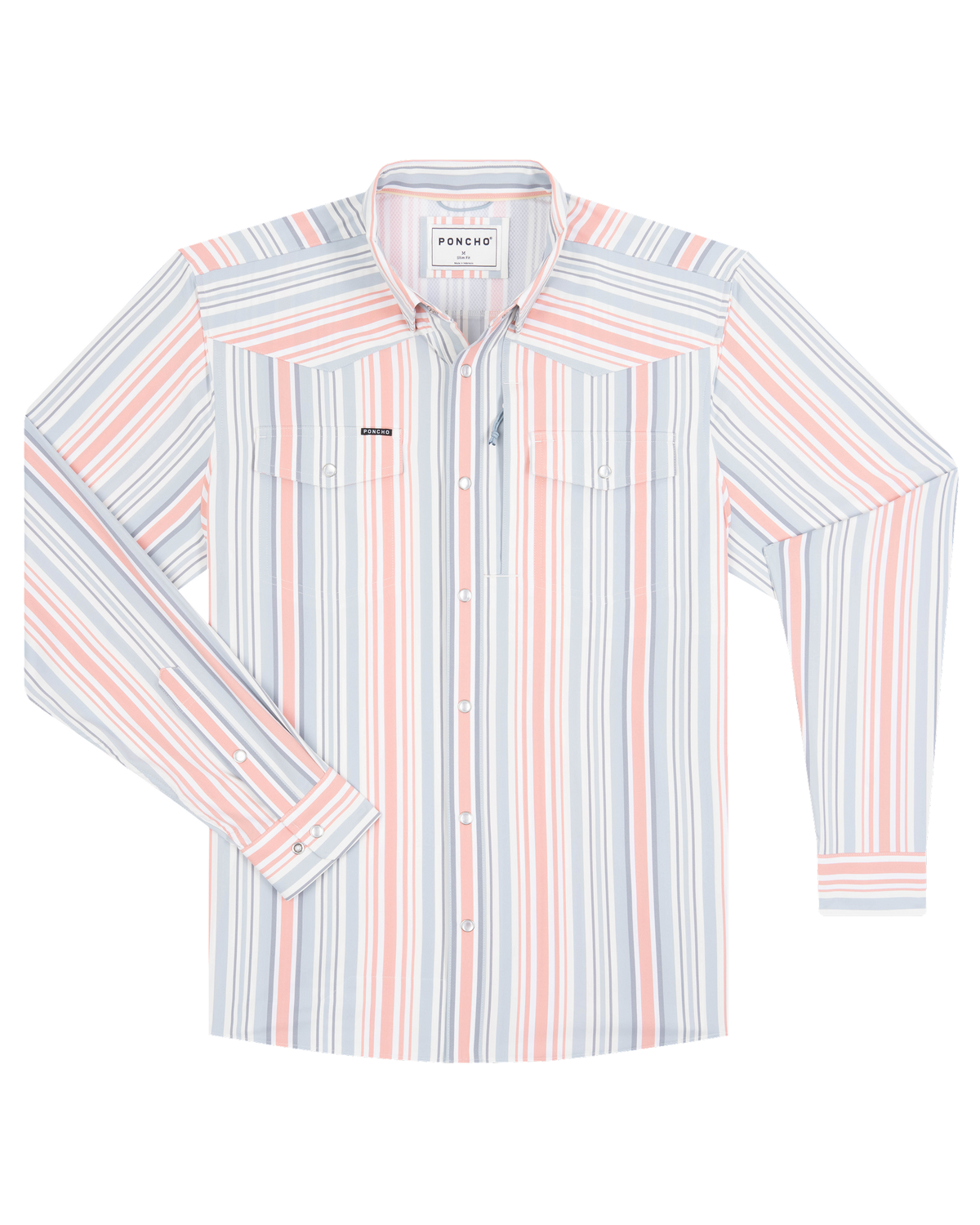 Poncho Mens The Land Of The Free Shirt in red tan and blue with two front pockets and two yokes in a snap up front at boltranchstore.com
