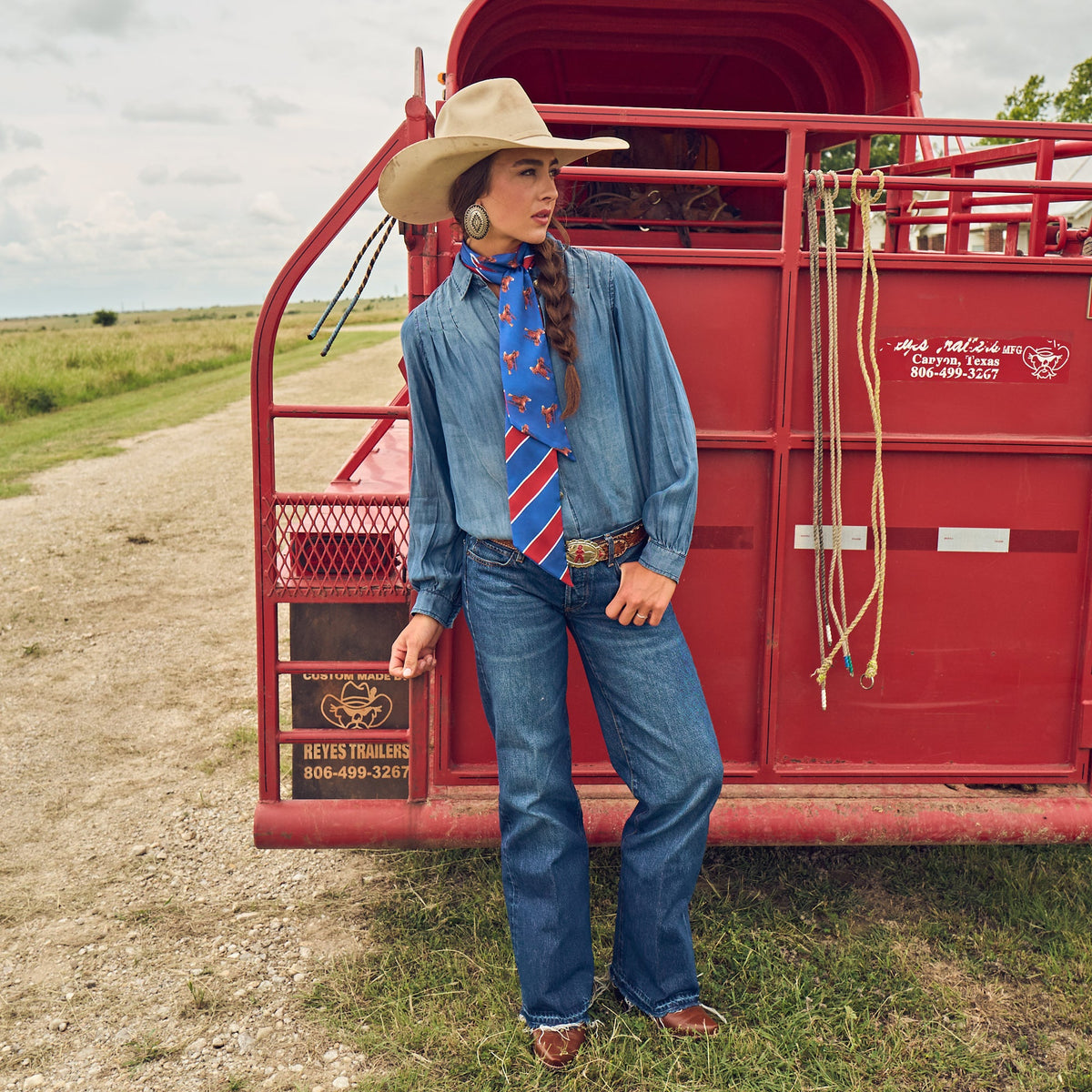 Fringe Scarves Boli Preppy Saddle Red Blue layered over a denim shirt for ranch wear womens western clothing