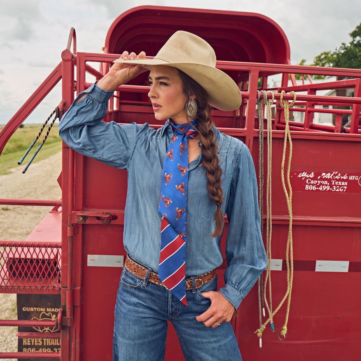 Fringe Scarves Boli Preppy Saddle Red Blue long skinny scarf in lightweight poly chiffon western clothing