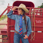 Fringe Scarves Boli Preppy Saddle Red Blue long skinny scarf in lightweight poly chiffon western clothing