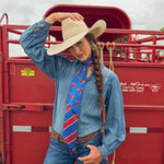 Fringe Scarves Boli Preppy Saddle Red Blue draped loose around the neck for an easy everyday look womens western boutique Utah