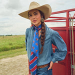 Fringe Scarves Boli Preppy Saddle Red Blue tied in the hair as a hair accessory western clothing Utah