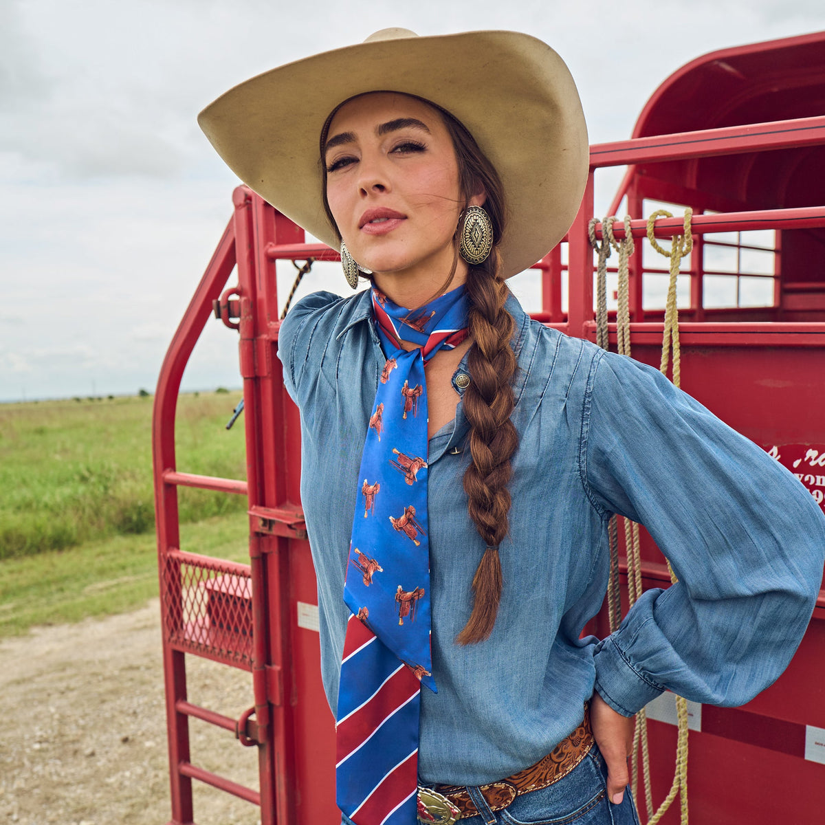 Fringe Scarves Boli Preppy Saddle Red Blue worn as a long necktie with a button down shirt cowgirl