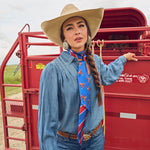 Fringe Scarves Boli Preppy Saddle Red Blue three and a half inch by 70 inch length made for dramatic styling rodeo