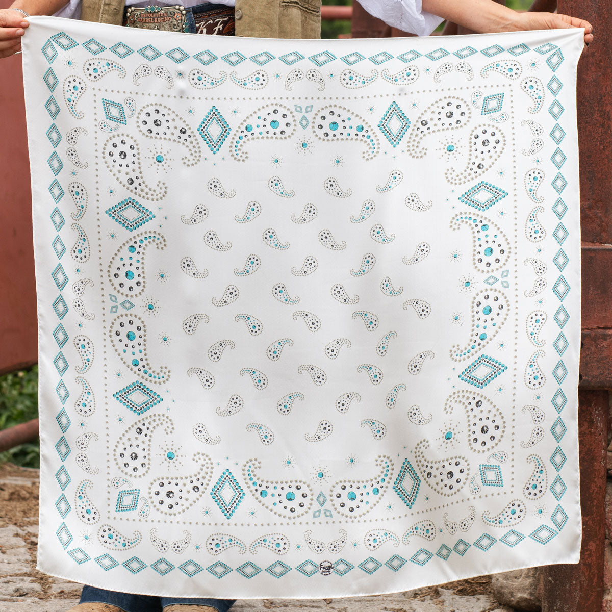Fringe Pretty Paisley Silk Scarf White white ground with jeweled turquoise and silver stud paisley and aztec pattern womens western boutique Utah SKU SCRFPRPSWHTE0034