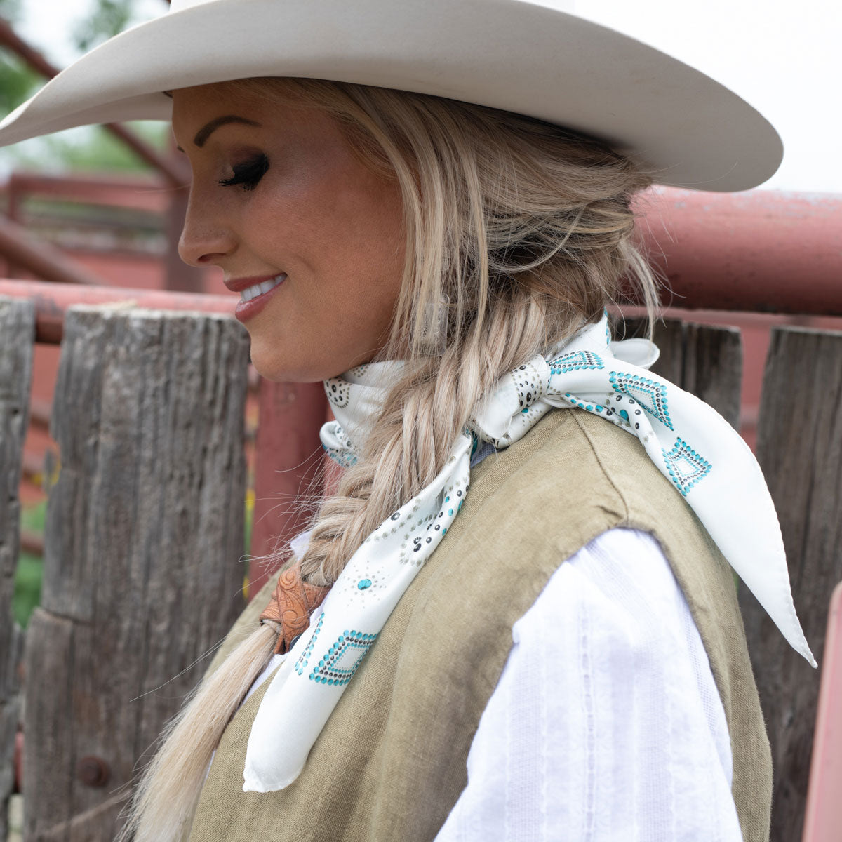 Fringe Pretty Paisley Silk Scarf White layers over a western snap shirt womens western clothing