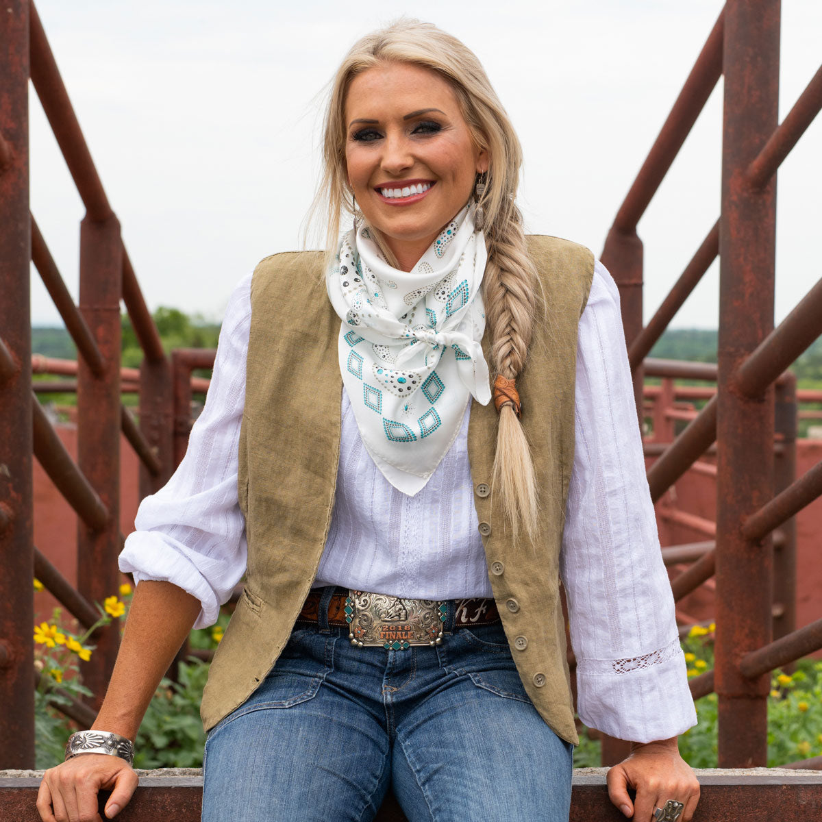 Fringe Pretty Paisley Silk Scarf White pairs with fringed suede and leather jackets Kamas