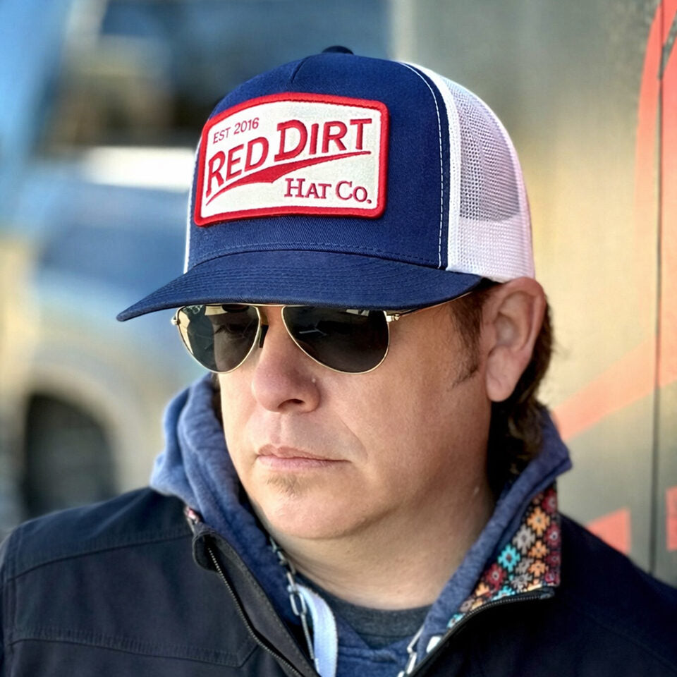 Red Dirt Fillin Station Navy White structured silhouette with flat brim and adjustable snapback closure ranch wear rodeo style Kamas