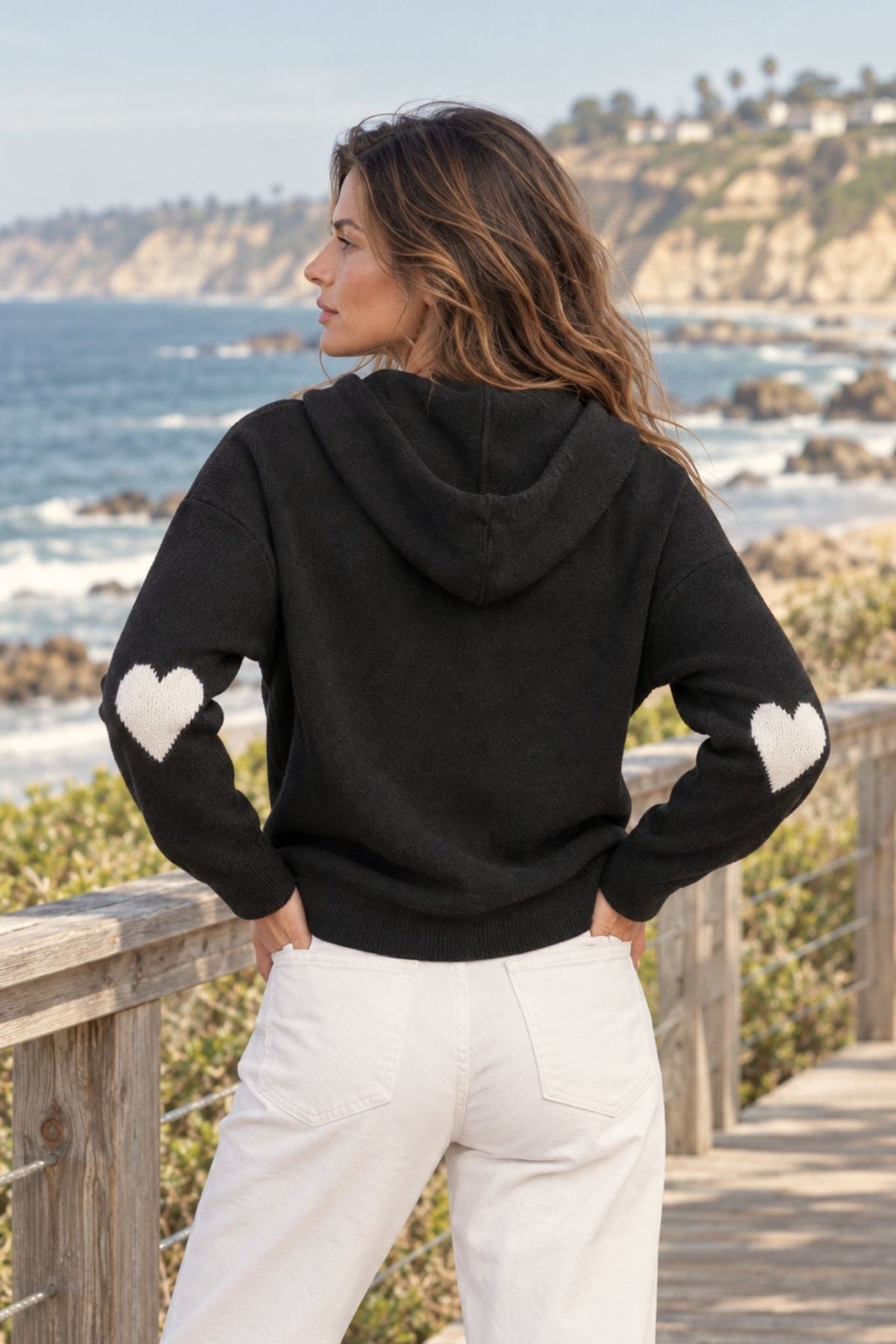 27 Miles Malibu Reva Cashmere Contrast Heart Pullover Hoodie black cashmere pullover hoodie with cloud contrast drawstrings womens western boutique Utah SKU REVABLKCL Boltranchstore.com