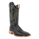RW2505-2 R Watson Mens Caiman Belly Wide Square Boots at boltranchstore.com in stock free shipping A single black alligator-textured leather cowboy boot with intricate multicolor embroidered stitching on the shaft, a square toe, and a stacked wood heel, 
