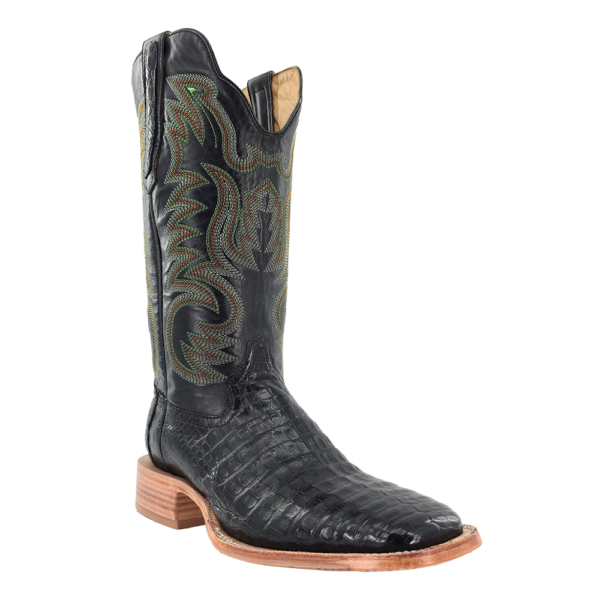 RW2505-2 R Watson Mens Caiman Belly Wide Square Boots at boltranchstore.com in stock free shipping A single black alligator-textured leather cowboy boot with intricate multicolor embroidered stitching on the shaft, a square toe, and a stacked wood heel, 