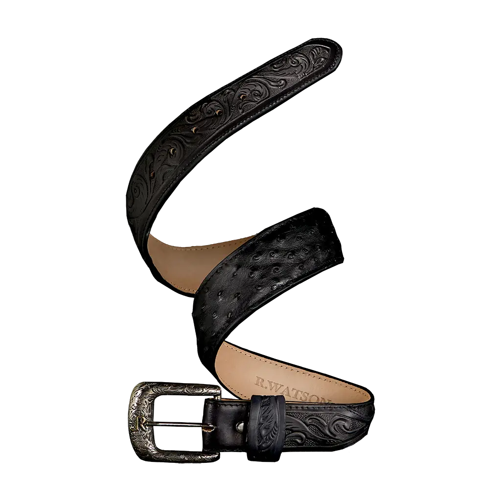 R Watson Full Quill Ostrich Black Belt