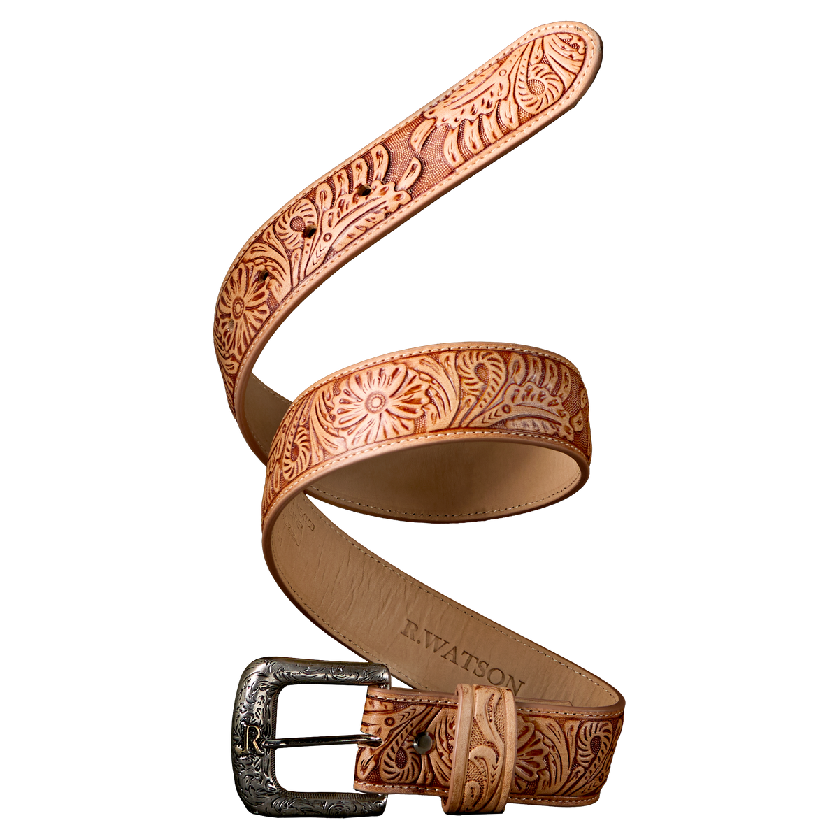 R Watson Natural Embossed Tanned Cowhide Belt
