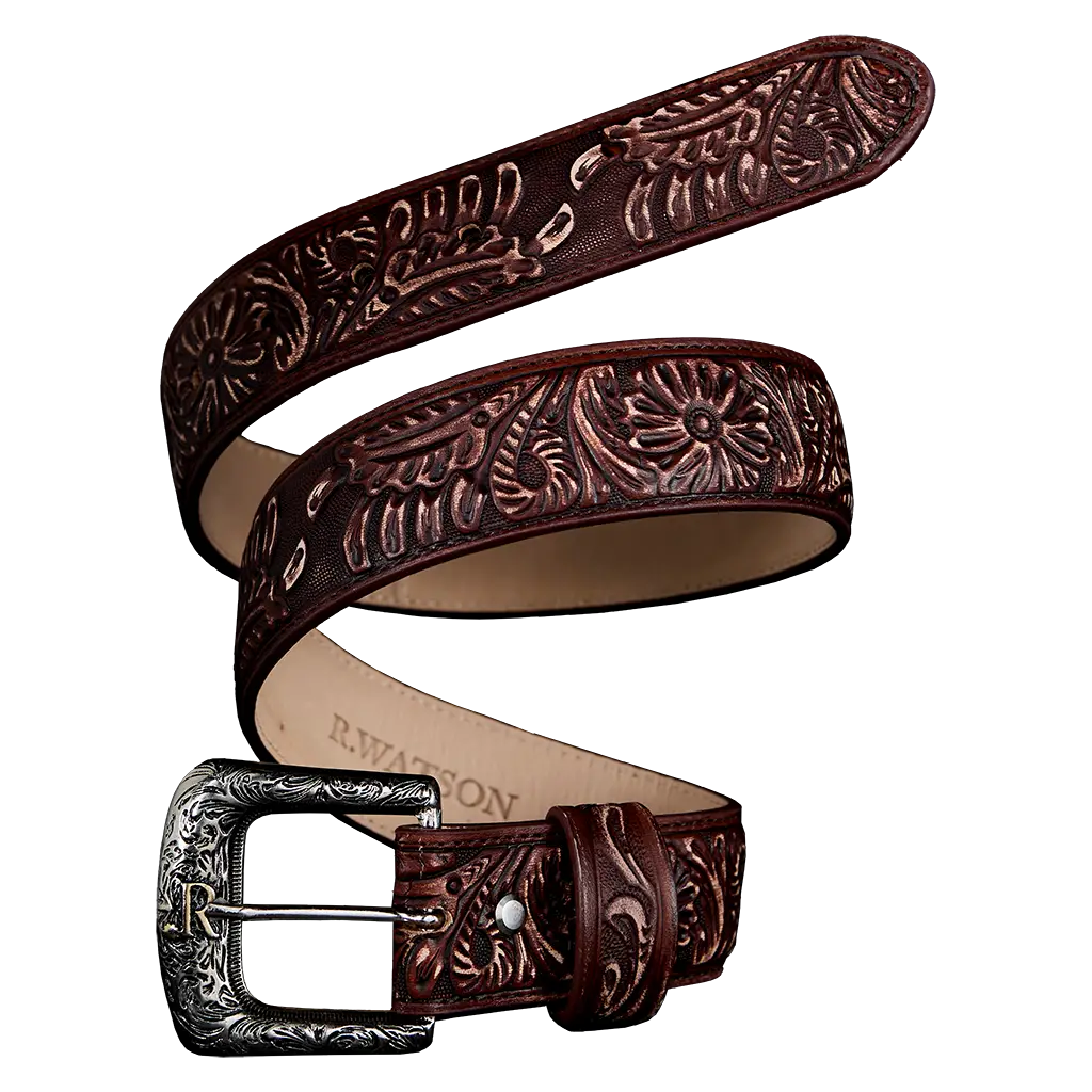 R Watson Cognac Embossed Cowhide Belt