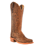 RWL7201-1 R Watson Womens Sand Matte BC Python at boltrancchstore.com in stock free shipping A single tall western boot with a brown and black snakeskin pattern, featuring a stacked wood heel and a light tan pull-on sole,