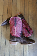 R Watson Matte Chocolate Pirarucu RW7800-2 Mens cowboy boot exotic leather red formal dressy cowboy boot Boltranchstore.com Free Shipping 