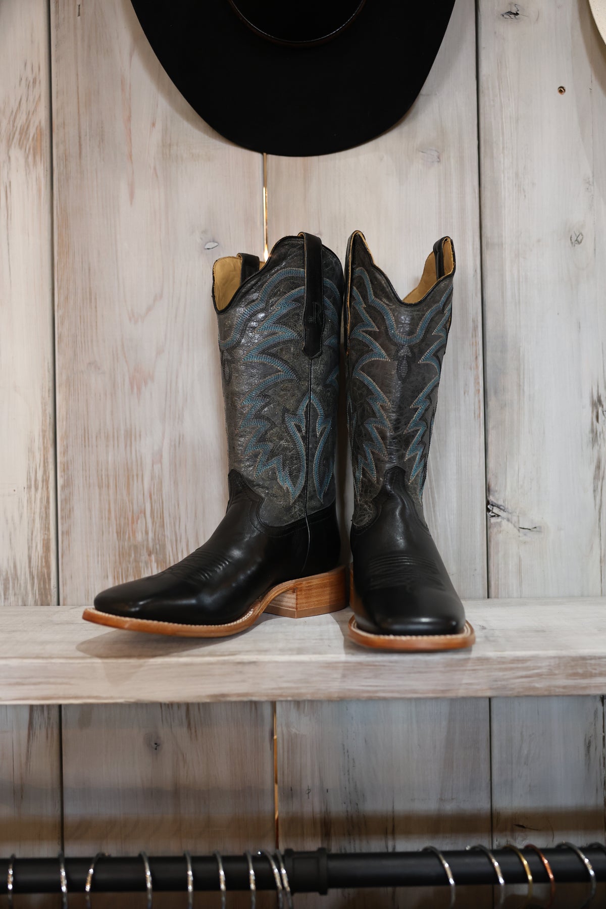R Watson Mens Black Mestizo Boot black square toe cowboy boot with blue stitching sold nearby at Bolt Ranch Store
