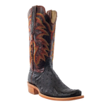 Black cowboy boot with brown leather trim on a white background nicotine full quill ostrich cognac crazy dog orange detail Boltranchstore.com R Watson