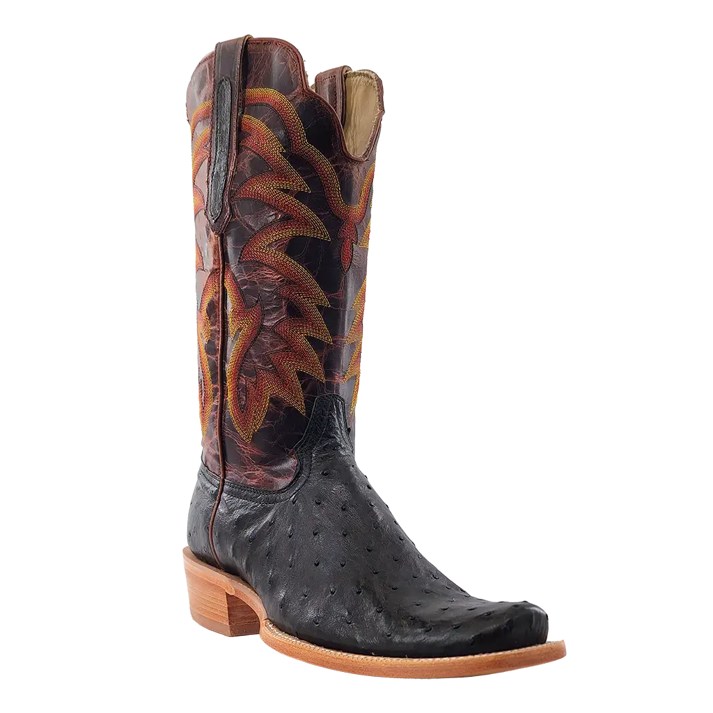 Black cowboy boot with brown leather trim on a white background nicotine full quill ostrich cognac crazy dog orange detail Boltranchstore.com R Watson
