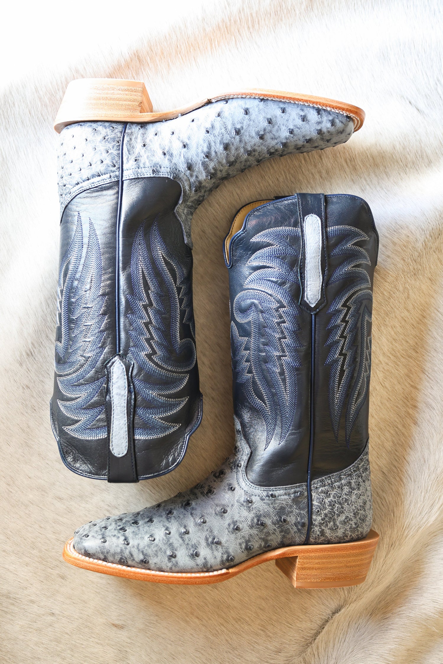 R Watson Mens Ostrich Denim Boot mens blue cowboy boots navy denim Boltranchstore.com Free Shipping