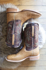 R Watson Mens Python Wide Square Boots men short cowboy boot brown light brown at Boltranchstore.com Free Shipping